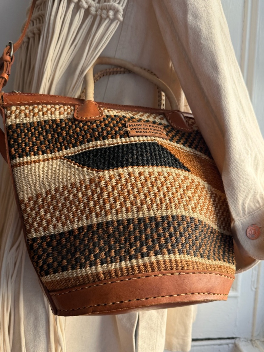 Handwoven Brown African Sisal Tote Bag Kenyan Basket Bag Leather Trim Large - Picture 8 of 11